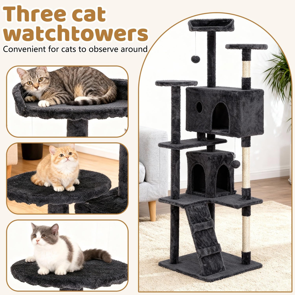70 Inch Dark Gray Multi-Level Cat Tree with Condo U765603