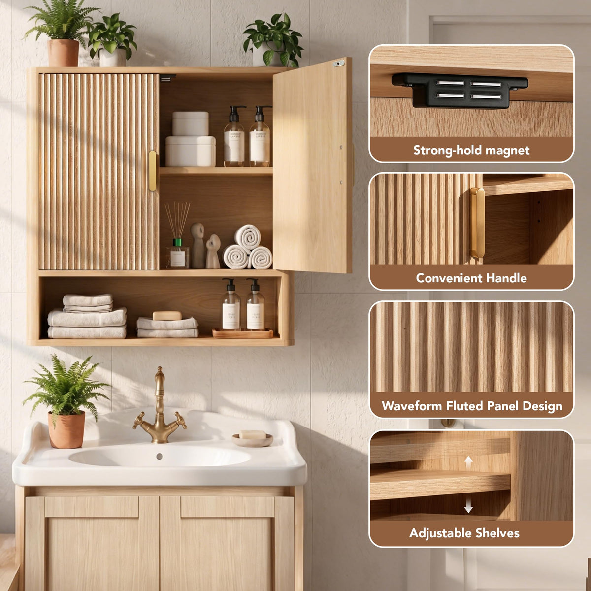 Bathroom Storage Wall Cabinet with Adjustable Wood Shelf & Doors S592