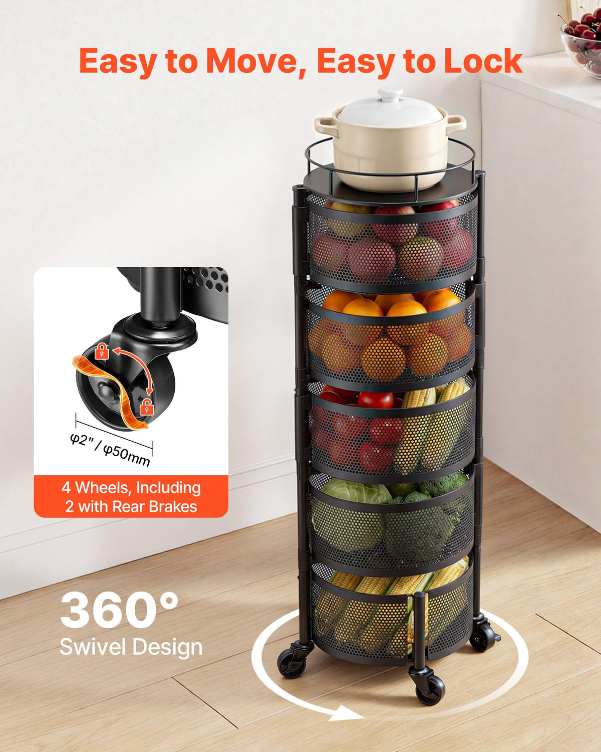 5 Tier Rotating Storage Rack Cart on Wheels, Black O3962