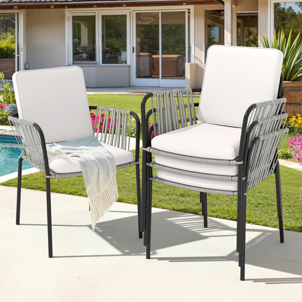 Set of 4 Grey Wicker Outdoor Dining Chairs with Beige Cushion Y7449