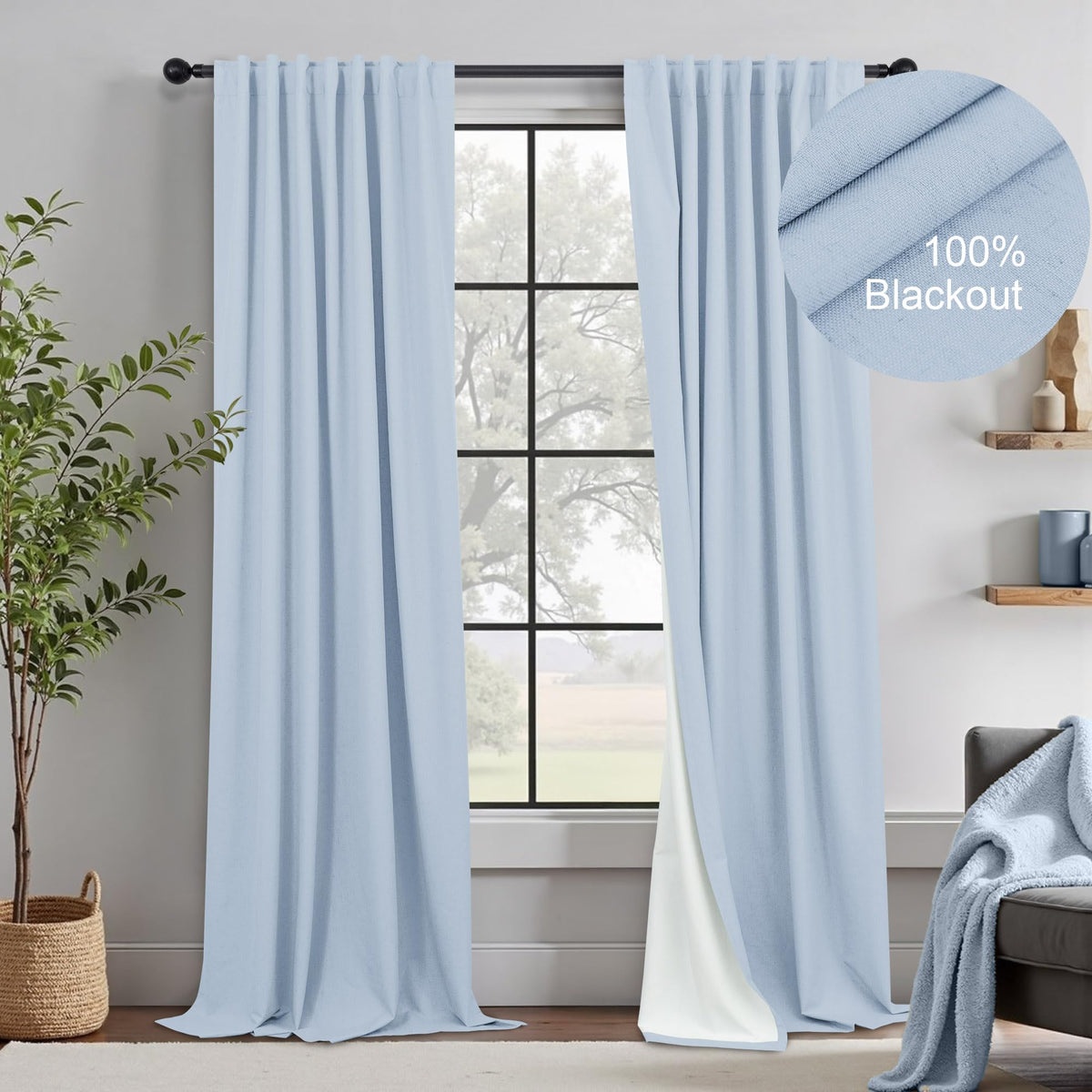 Light Blue Linen 108 Inch 2 Panel Curtain Set D44825