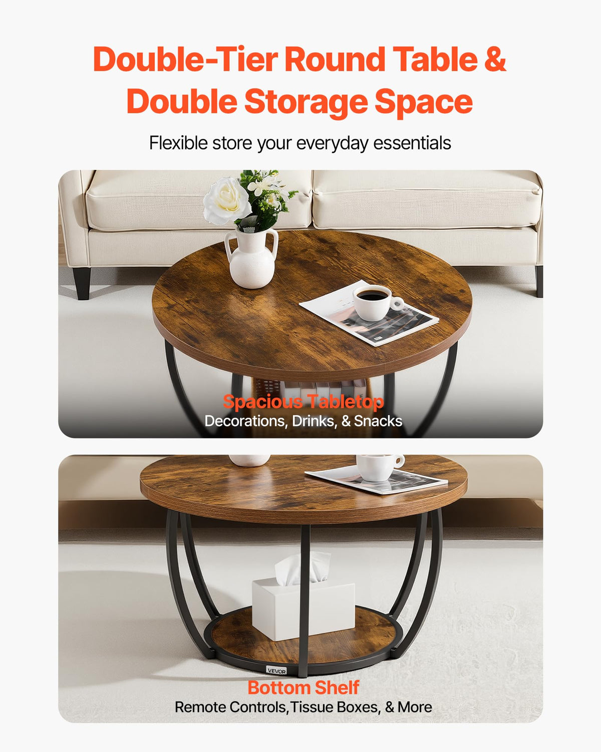 Round Coffee Table, 31.5" 2 Tiers Wooden with Metal Frame, Rustic Brown O4649