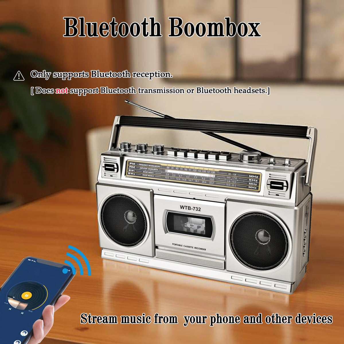 Portable Boombox with Cassette Player Recorder E31476