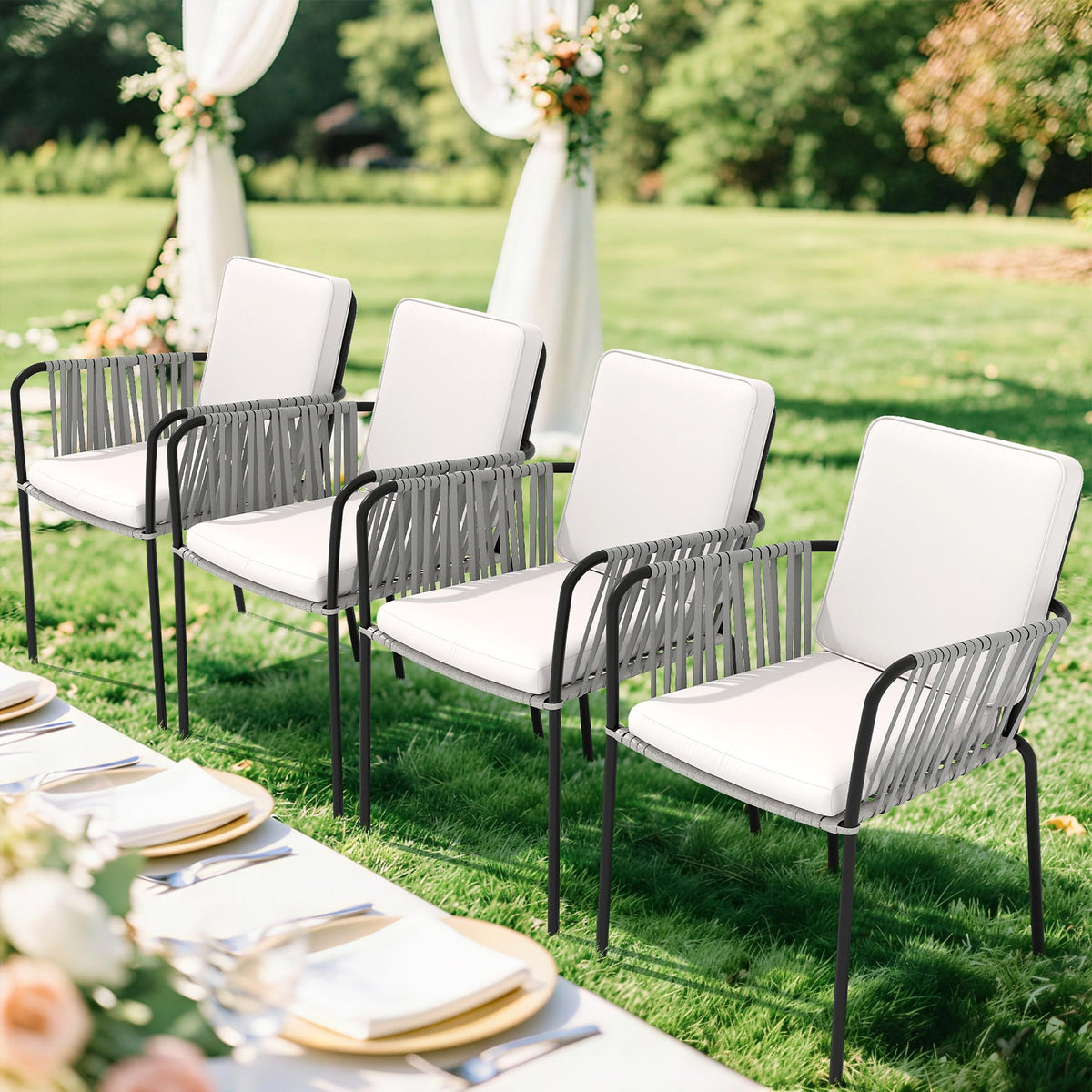 Set of 4 Grey Wicker Outdoor Dining Chairs with Beige Cushion Y7449