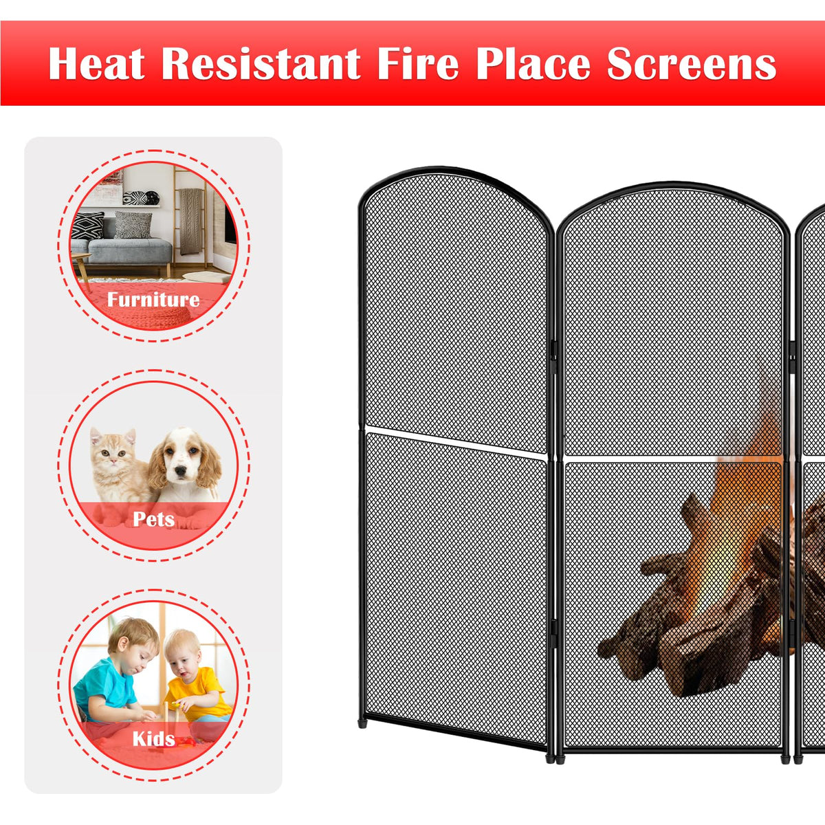 Black 4 Panel Metal Foldable Fireplace Screen O9663