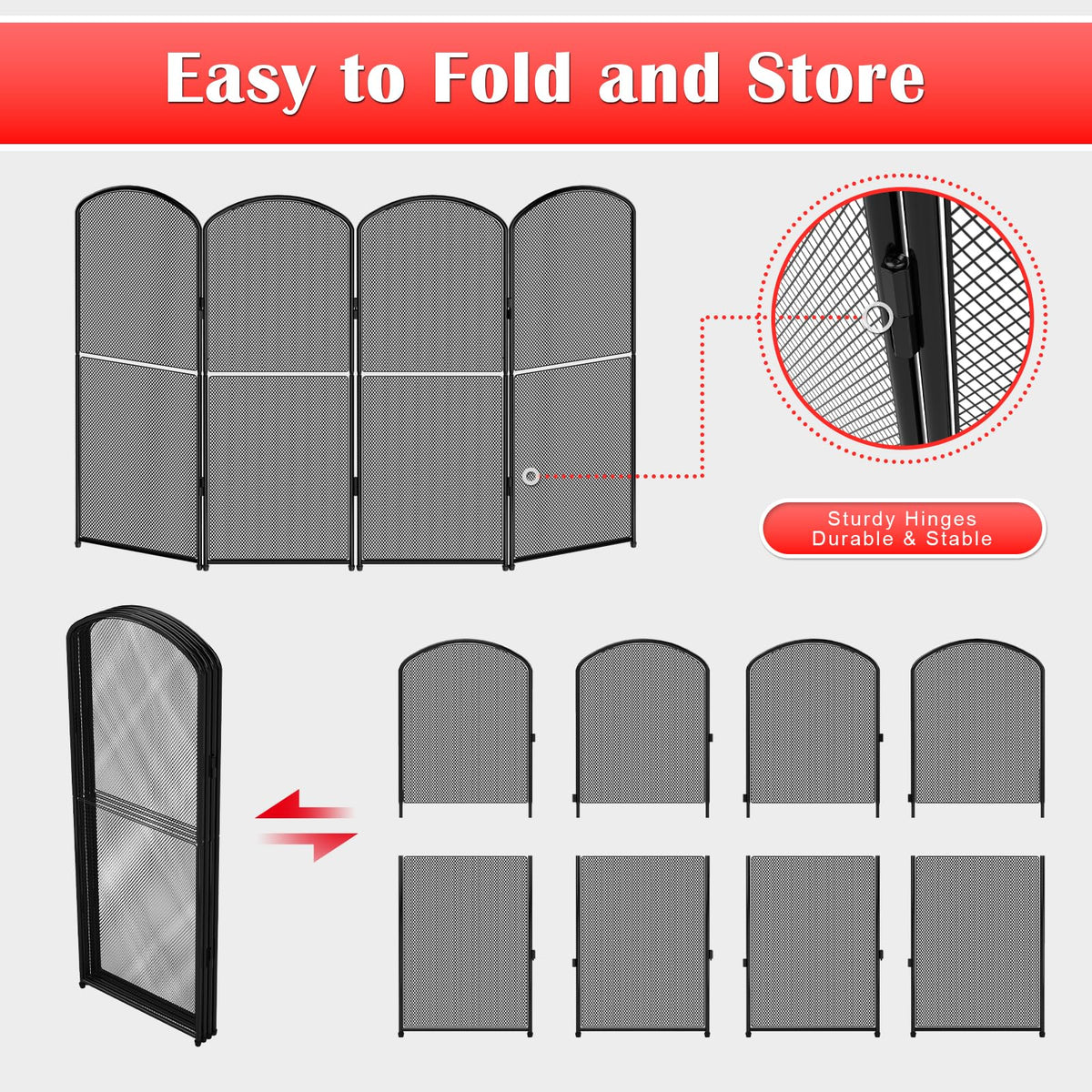 Black 4 Panel Metal Foldable Fireplace Screen O9663
