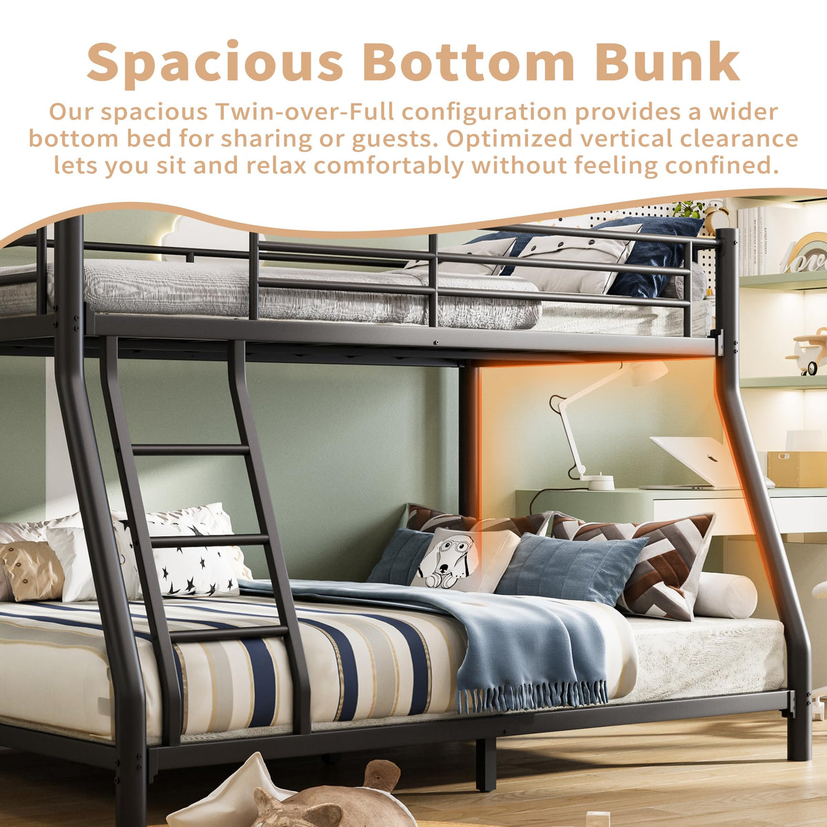 Twin Over Full Metal Bunk Bed with Guardrail and Ladder I9917