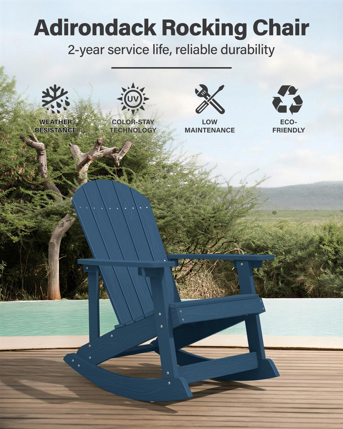 Navy Blue All-Weather Resistant Adirondack Rocking Chair Set of 2 U5974