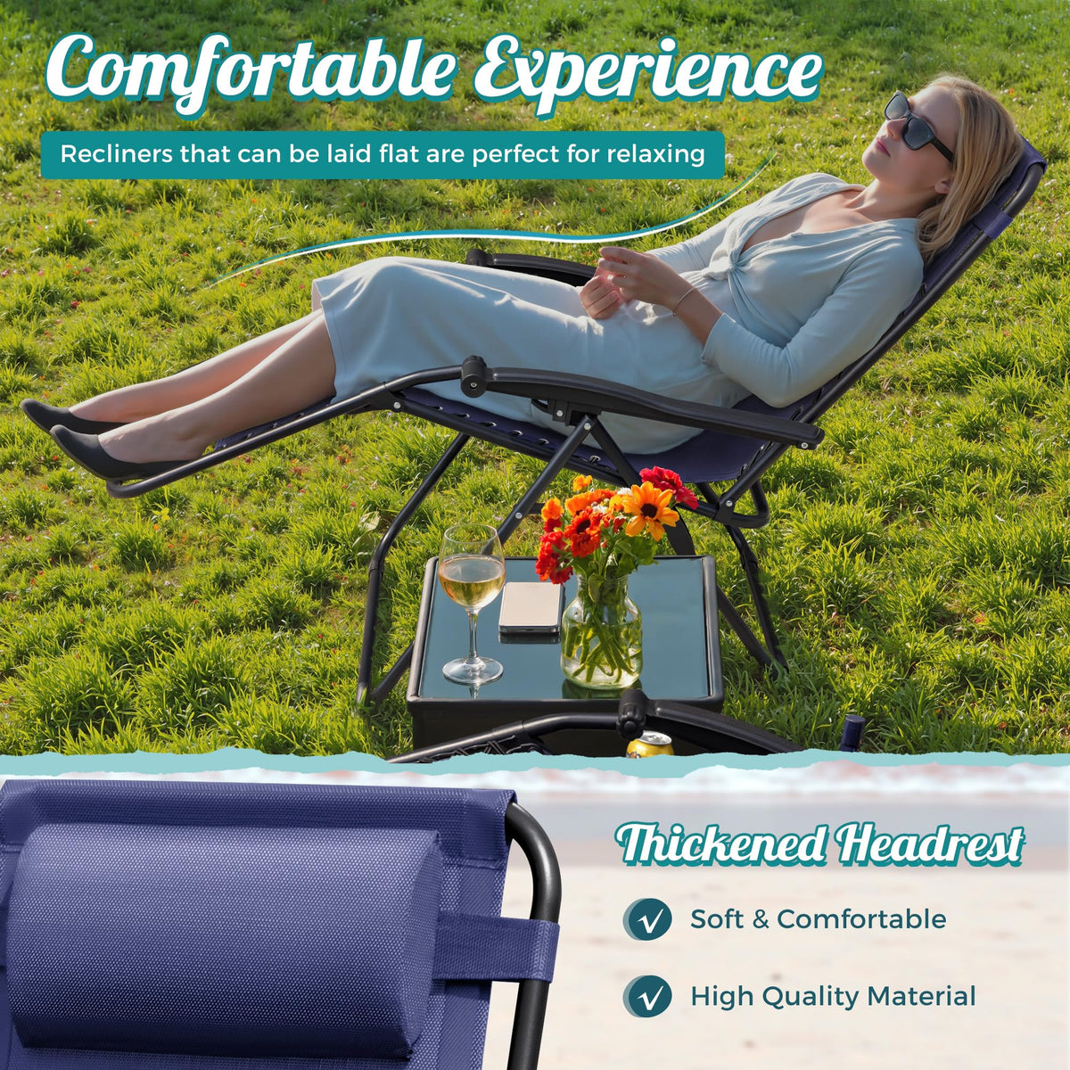 Zero Gravity Chair with Cup Holder Pillows Set of 2 Blue S548886