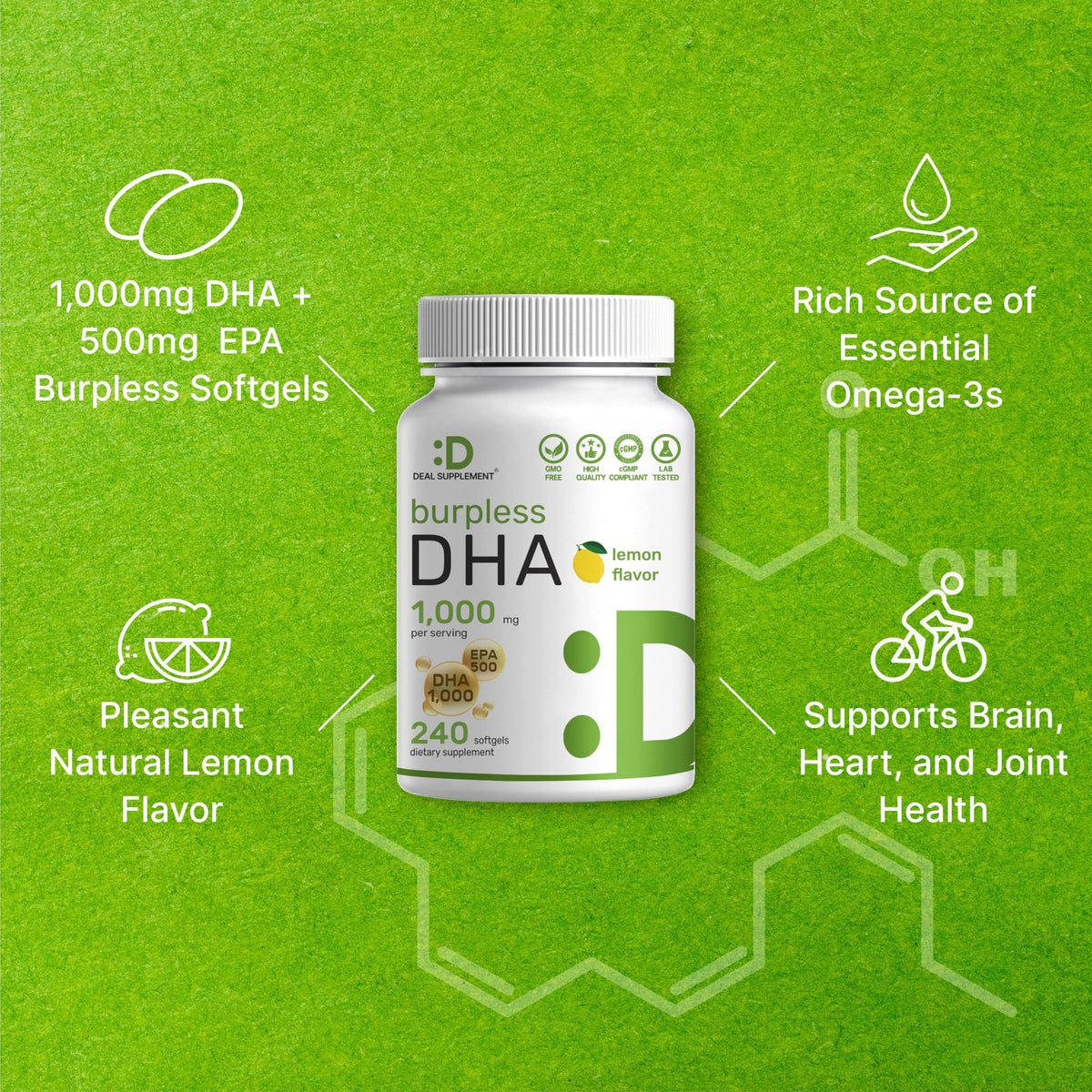 240 Softgels Lemon Flavor DHA 1000mg EPA 500mg Omega-3 Softgels Z183